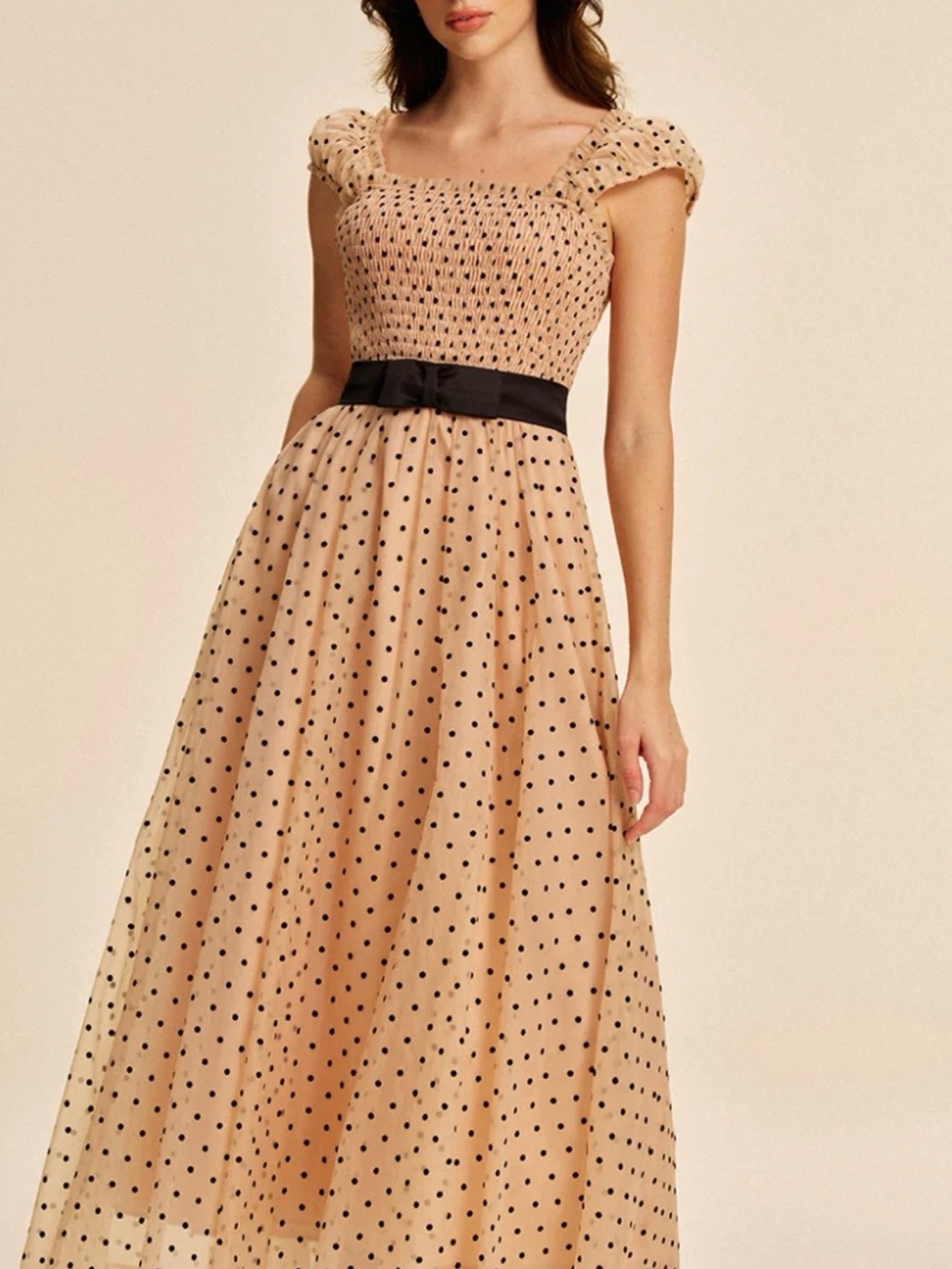 Commense Beige Polka Dot Maxi Dress with Black Waist Tie